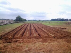 Trenches dug for effluent field installation at a property